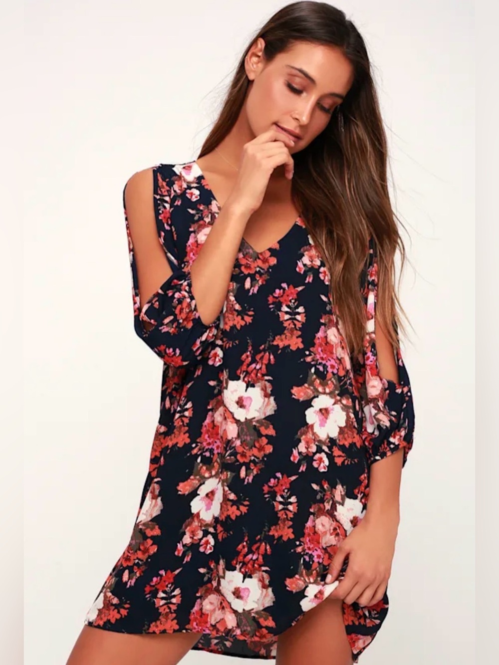 Lulus Navy Floral Long Sleeve Shift Dress Size XS
